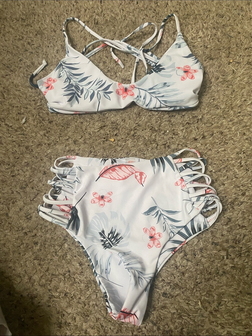 ROMWE White Floral Pink Accent High-Waist Strappy Bikini Set